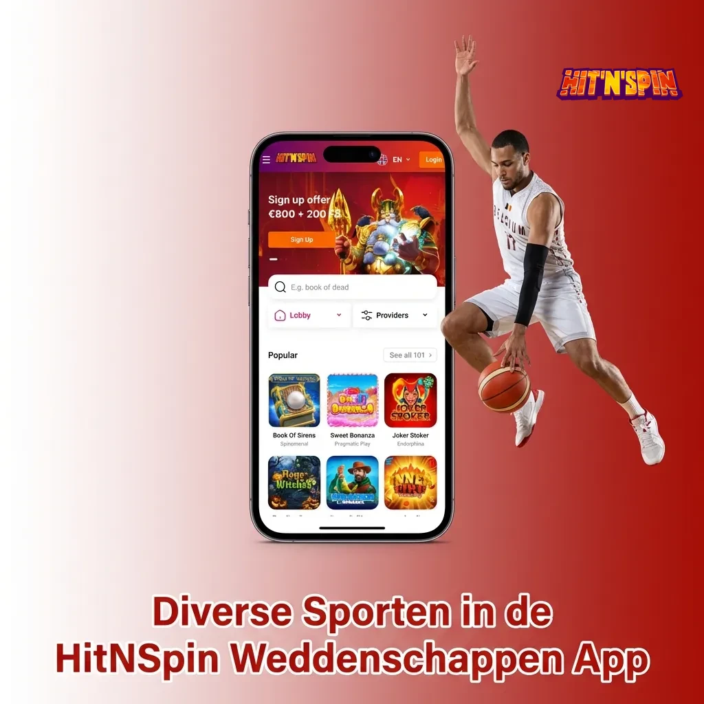 HitNSpin app toont diverse sporten voor weddenschappen inclusief voetbal, tennis, basketbal en eSports met live streaming