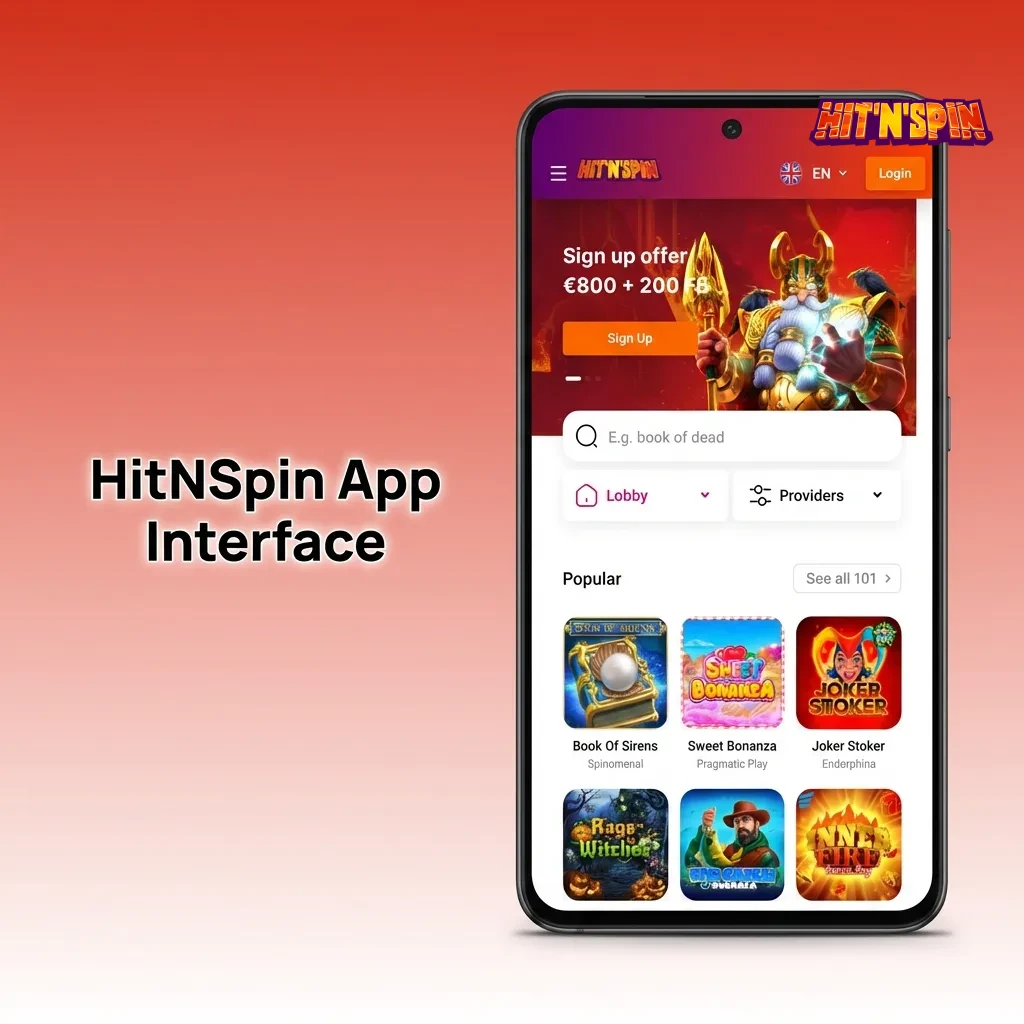 HitNSpin mobile app showing large buttons, quick navigation menu, and seamless toggle between sports betting and casino games.