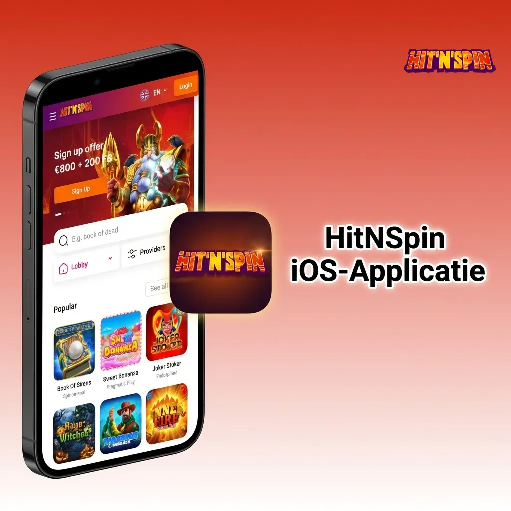 HitNSpin casino app interface op iPhone en iPad met sportmarkten, live casino en slots