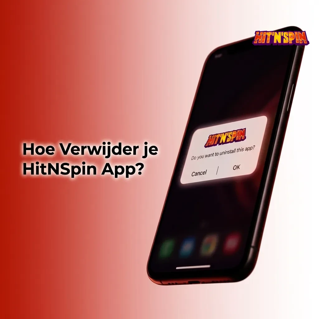 Smartphone scherm met HitNSpin app-icoon en verwijderoptie, instructies voor Android en iOS gebruikers